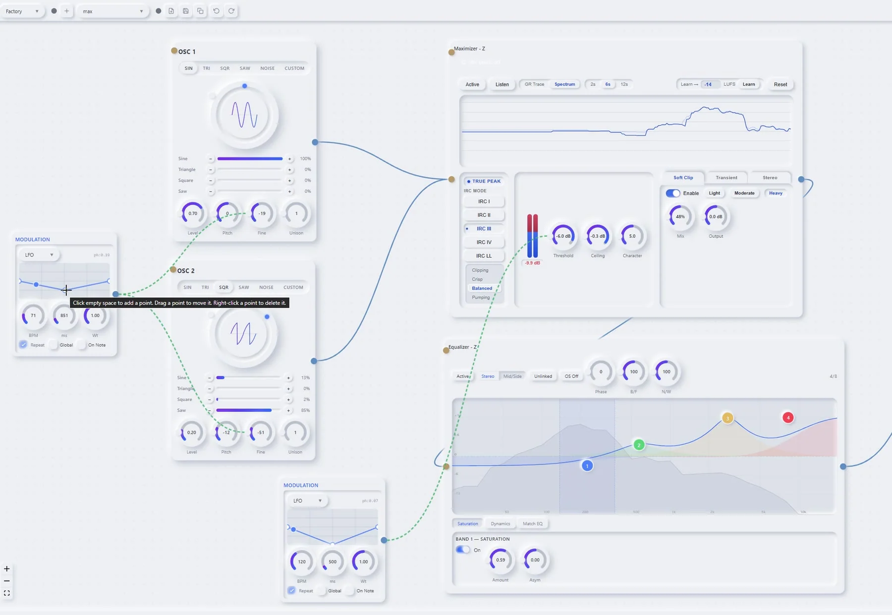 A Chordical patch: two oscillators and two modulation curves feeding an Equalizer-Z and a true-peak Maximizer-Z