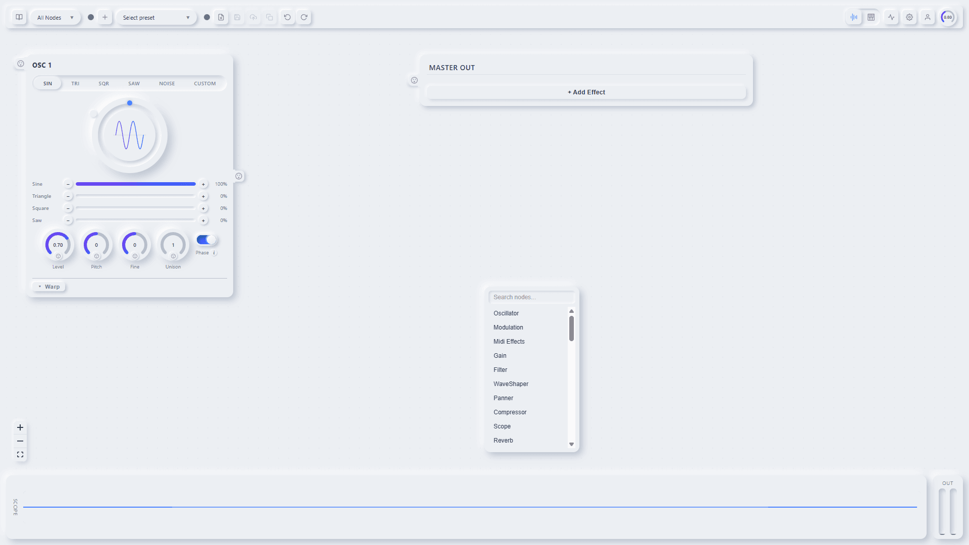 Node palette showing all available effect categories